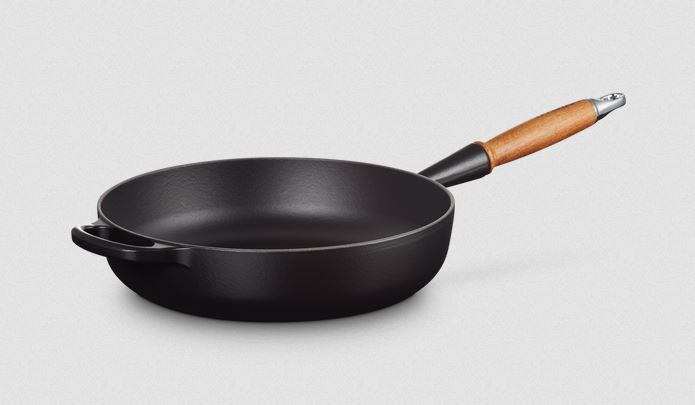Le Creuset Black Cast Iron Sauté Pan with Wooden Handle
