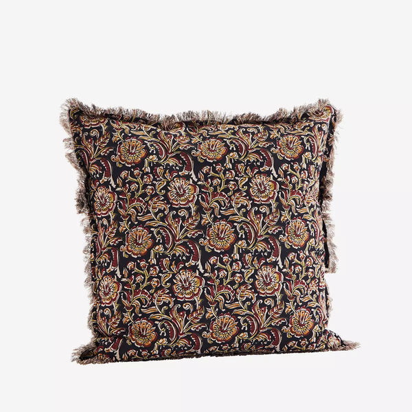 Madam Stoltz Mustard and Pine Bark Printed Cushion Cover with Fringes
