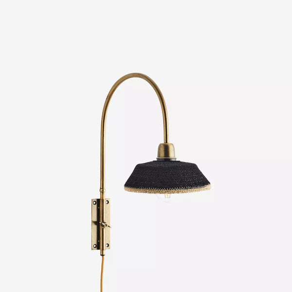 Madam Stoltz Black and Natural Iron Wall Lamp with Grass Shade