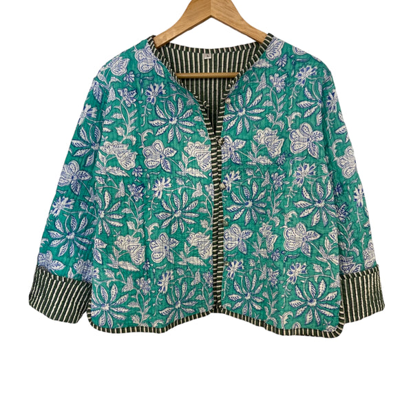 Behotribe  &  Nekewlam Jacket Quilted Reversable Cotton Kantha Block Printed Blue Floral