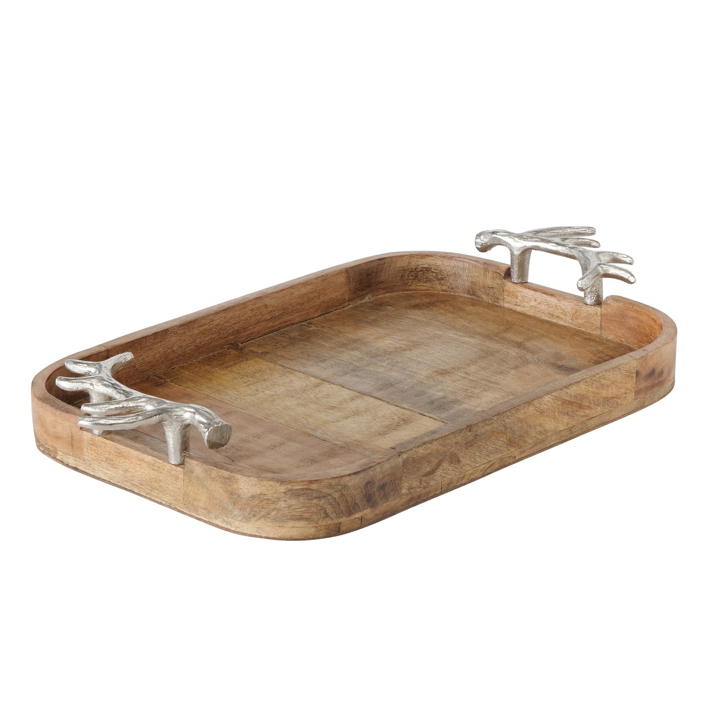 &Quirky Silver Antler Handled Wooden Serving Tray