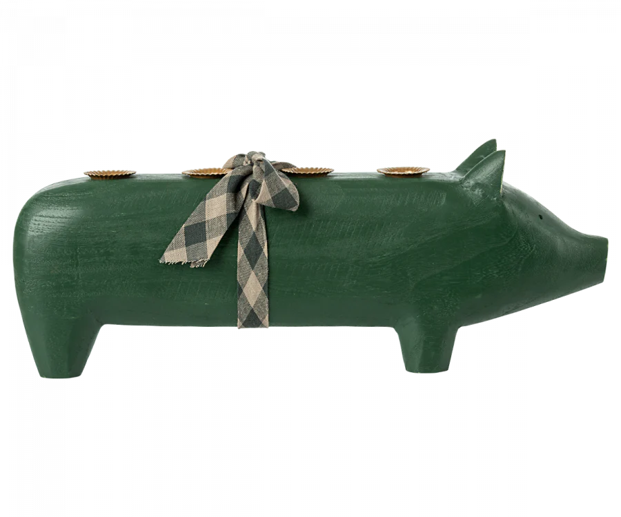 Maileg Pre Order Wooden Pig Candle Holder Large Dark Green