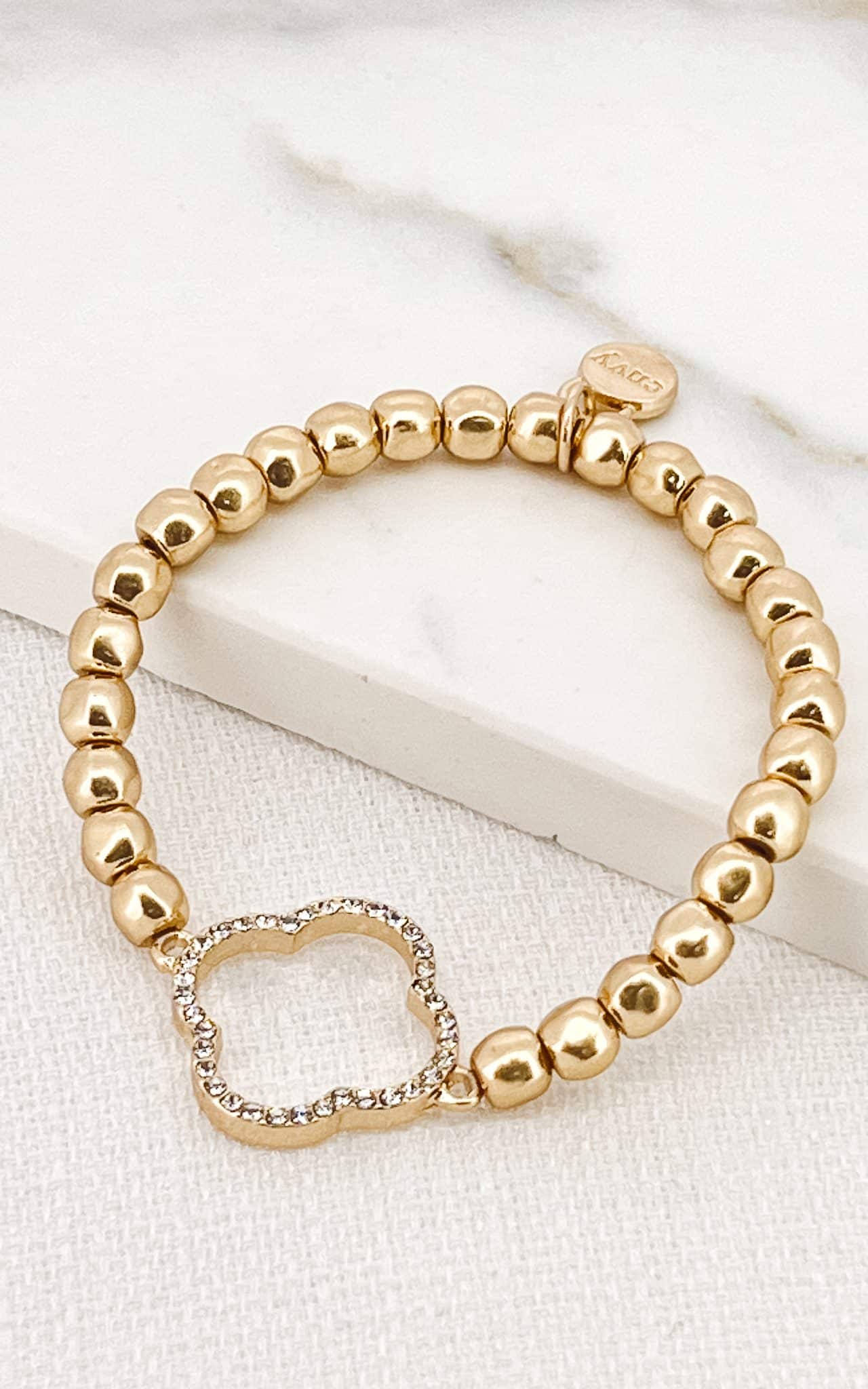 Envy Gold Bead Stretch Bracelet with Open Diamante Fleur