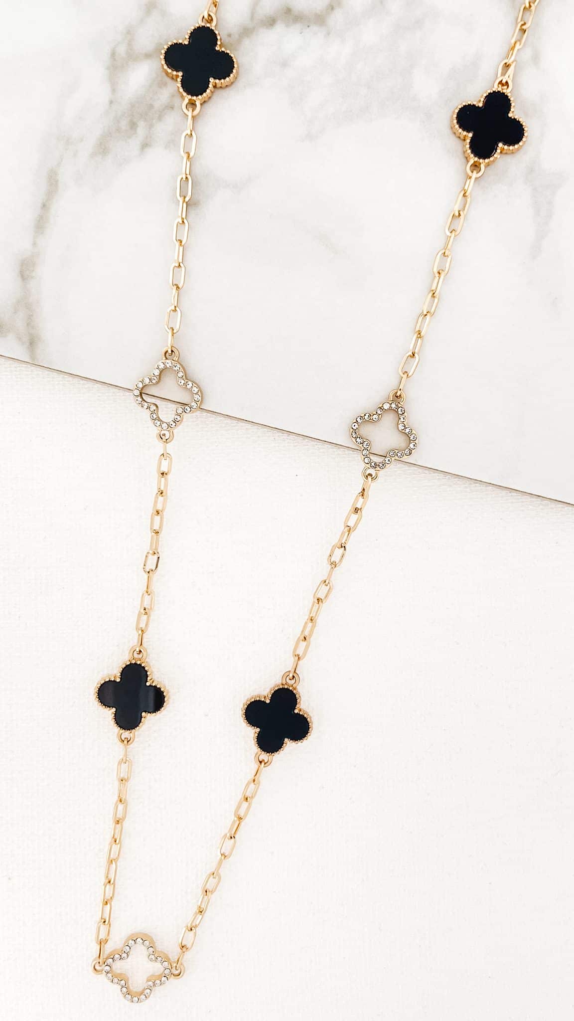 Envy Long Gold Necklace with Diamante and Black Fleurs