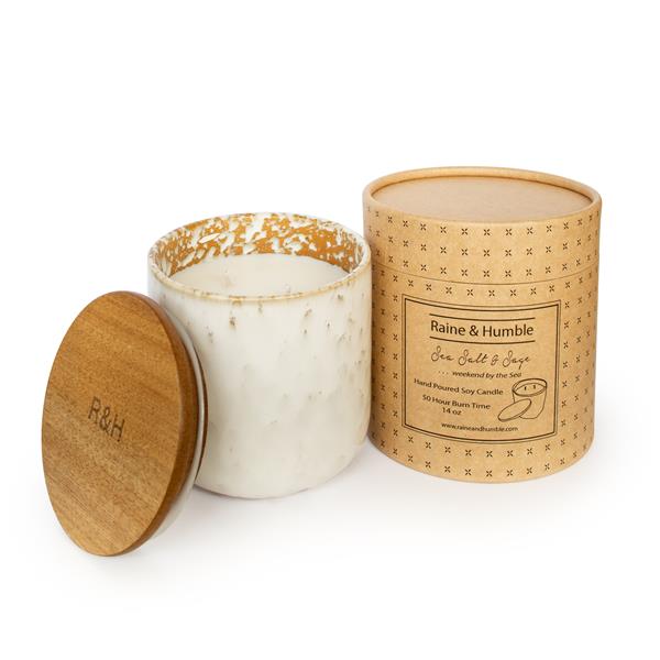 Raine And Humble Sea Salt and Sage Natural Wax Candle in Pottery Canister