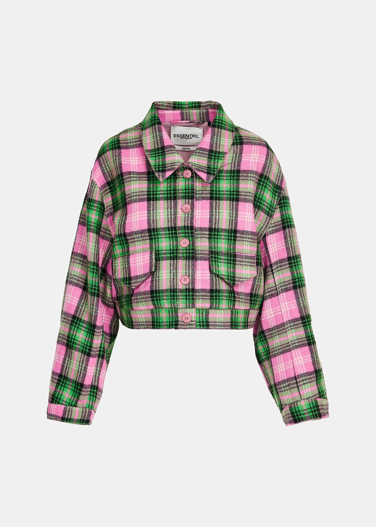 Essentiel Antwerp Earlier Green and Pink Check Wool Jacket