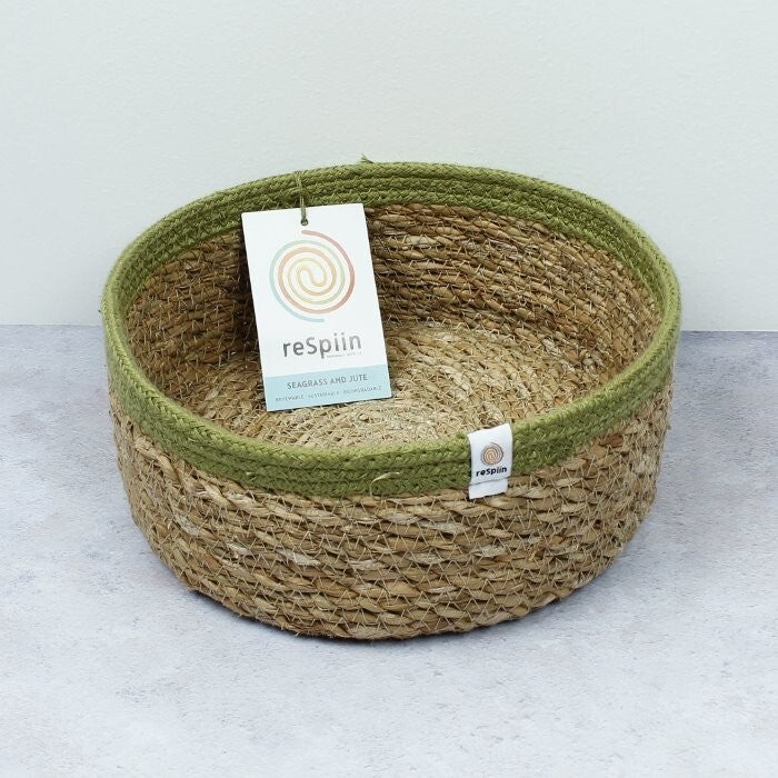 Respiin Medium Natural and Green Shallow Jute Basket