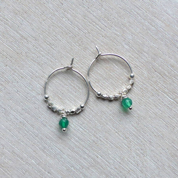 My Hart Beading Hoop Earrings Petite Green Onyx Silver Beads Silver Wire
