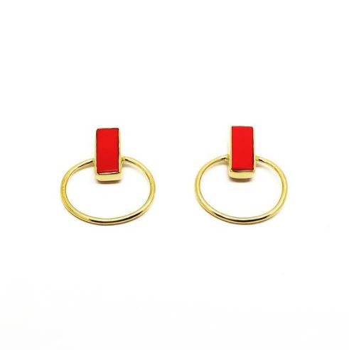 Nekewlam Earrings Red Coral Oval Stud Earrings