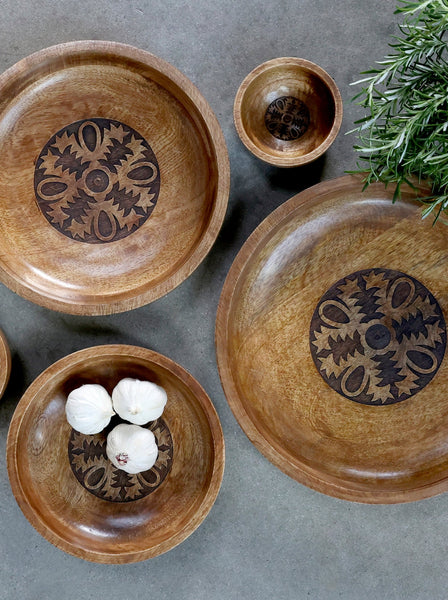 Bloomingville Tours Mango Wood Serving Bowl With Carvings - 3 Sizes Available