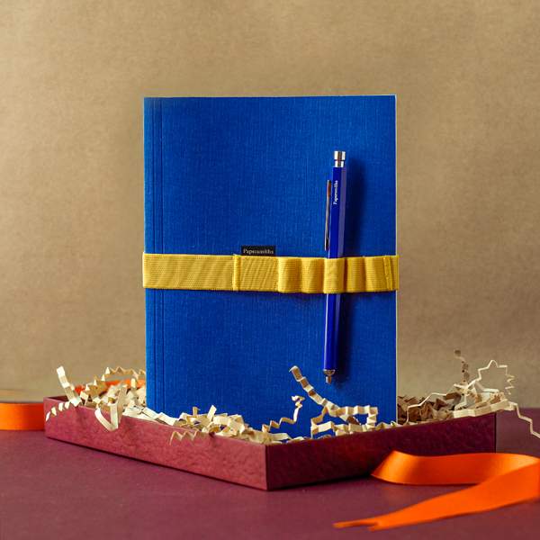 Papersmiths Azurite Notebook, Pen And Band Trio - Primo Ballpoint Pen / Plain Paper