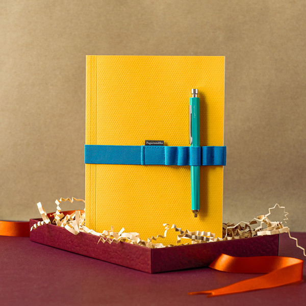 Papersmiths Yolk Notebook, Pen And Band Trio - Primo Ballpoint Pen / Dot Grid Paper