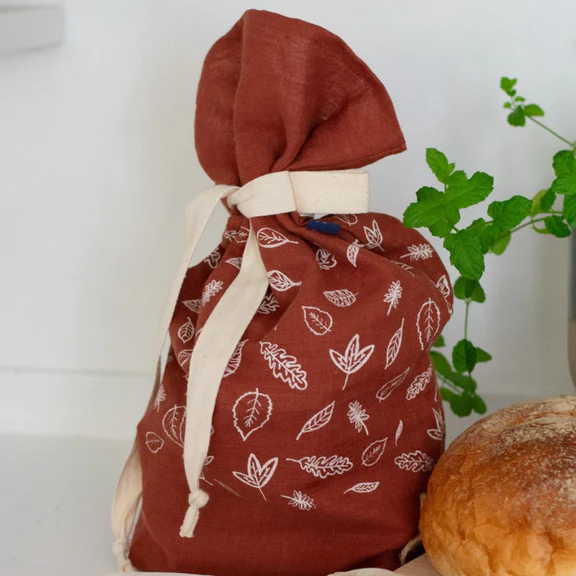Helen Round Linen Bread Bag - Leaf Design