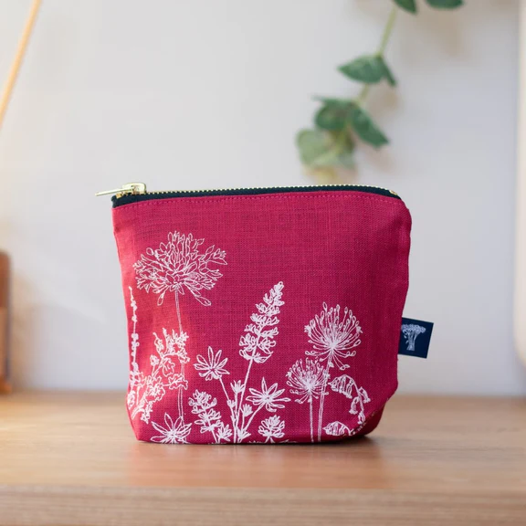 Helen Round Linen Makeup Bag - Garden Design - Raspberry