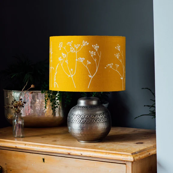 Helen Round Floral Design Linen Lampshade - Mustard 20cm (lampbase fitting)