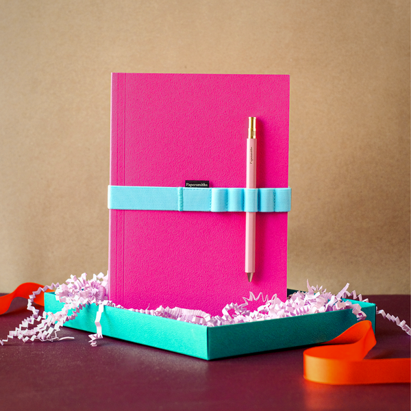 Papersmiths Fuchsia Notebook, Pen And Band Trio - Everyday Pen / Plain Paper
