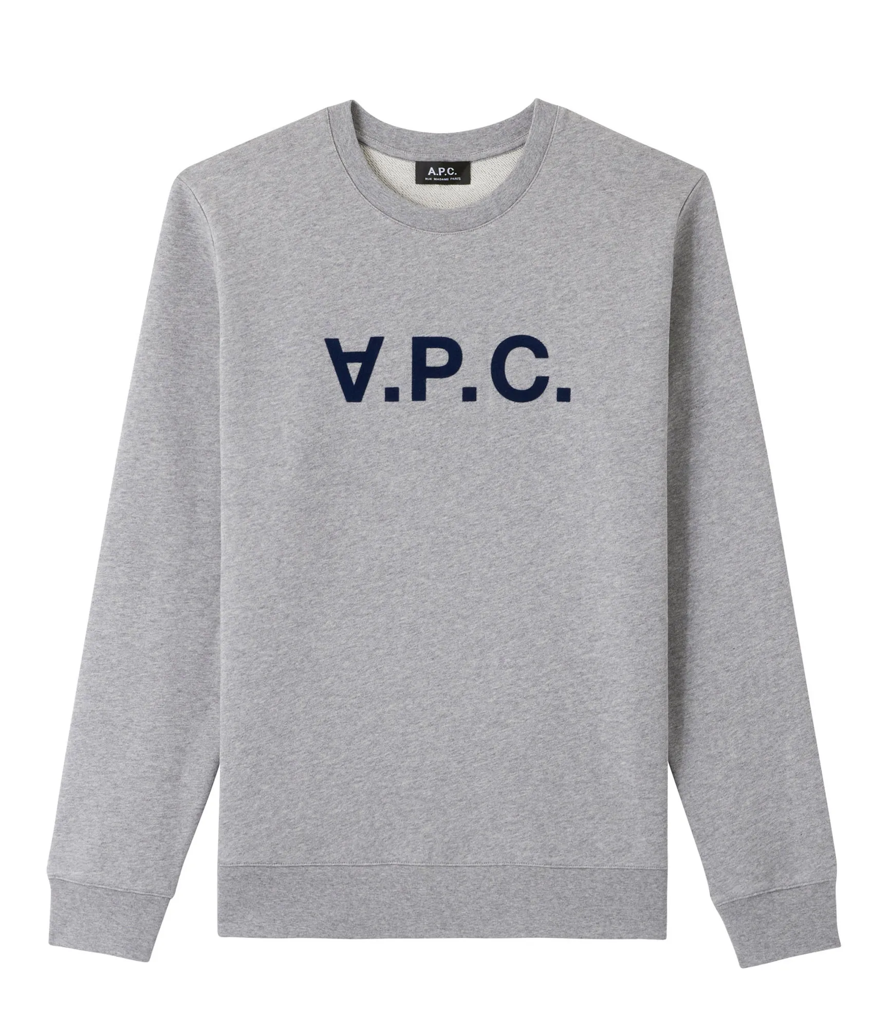 apc-sweatshirt-in-heather-grey-organic-cotton-with-a-dark-navy-blue-vpc-logo