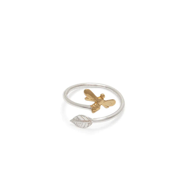 Lime Tree Design Adjustable Ring- Leaf & Bee Silver And Gold