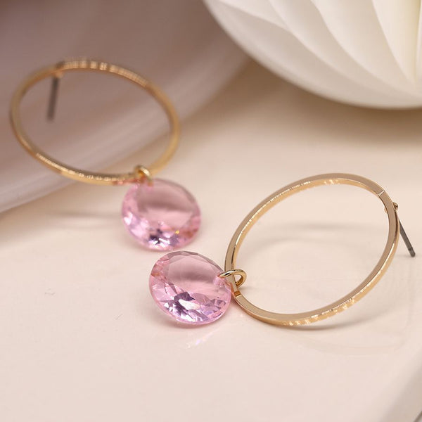 POM Boutique Pom - Faux Gold Circle Earrings With Pale Pink Crystal