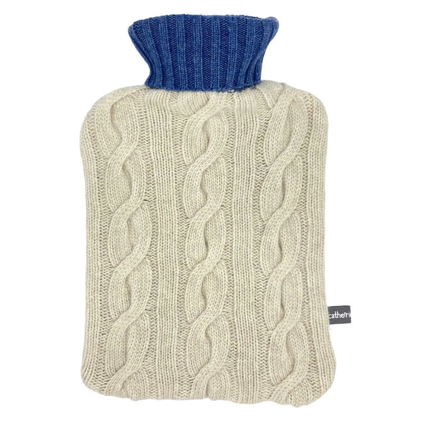 Catherine Tough Cashmere Blend Cable Knit Hot Water Bottle Cover - Oatmeal & Denim Blue