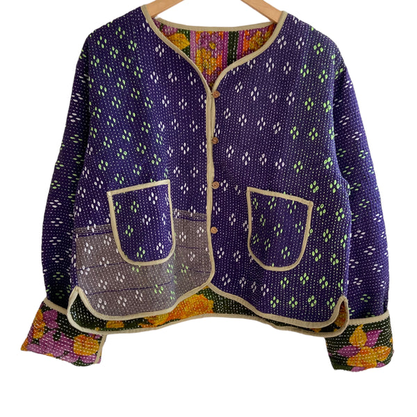 Behotribe  &  Nekewlam Jacket Reversable Vintage Kantha Cotton Violet Diamond