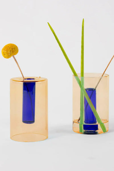 Block Design Small Reversible Glass Vase Peach/colbalt