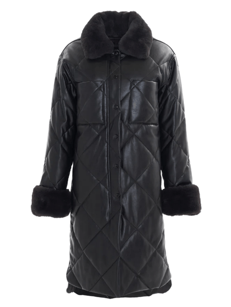 Freed Kym Midi Length Quilted Vegan Leather Jacket In Black