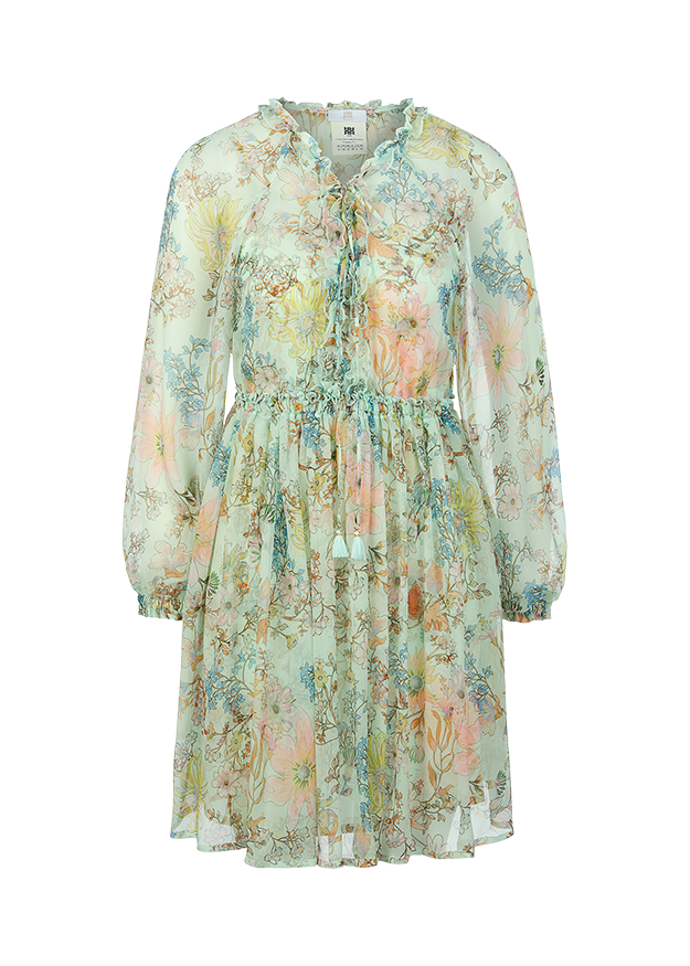 Riani Green Floral Sheer Ruffle Detail Dress with Tie Waist