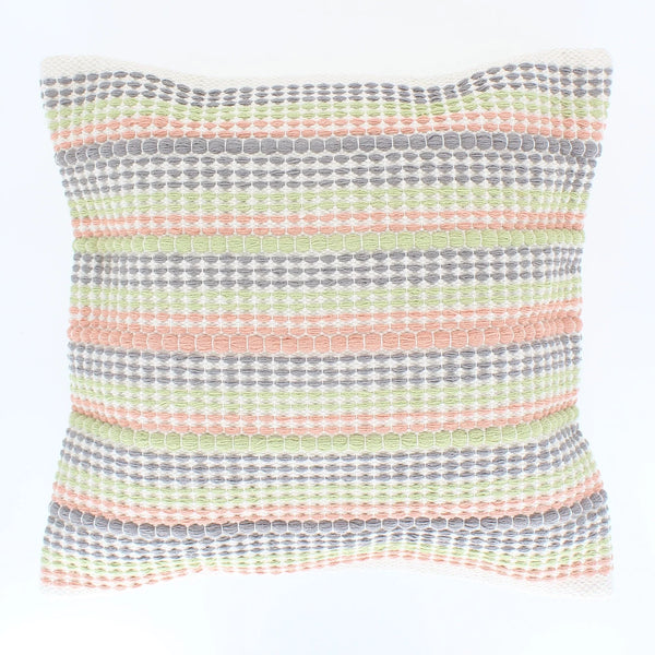 Lark London Sajani Handmade Striped Weave Cushion -coral/grey/green