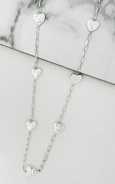 Envy Long Silver Necklace With Battered Hearts