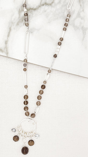 Envy Long Silver Necklace With Grey Semi Precious Beads