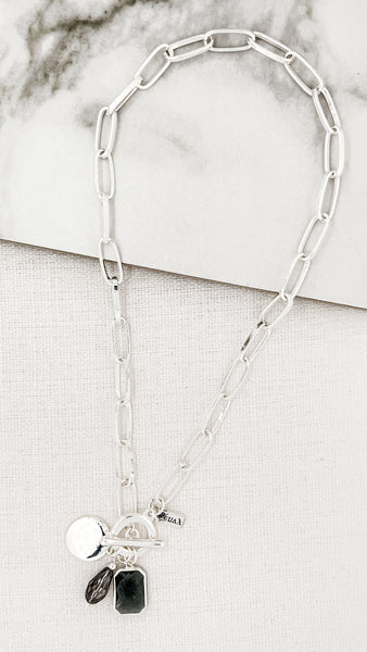 Envy Short Silver Link T-bar Necklace With Grey Crystal Charms