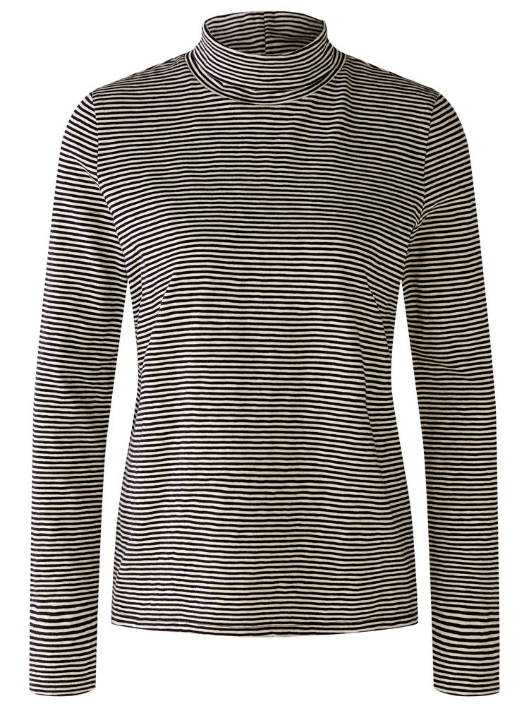 Oui Funnel Neck Striped Top Black and Off White