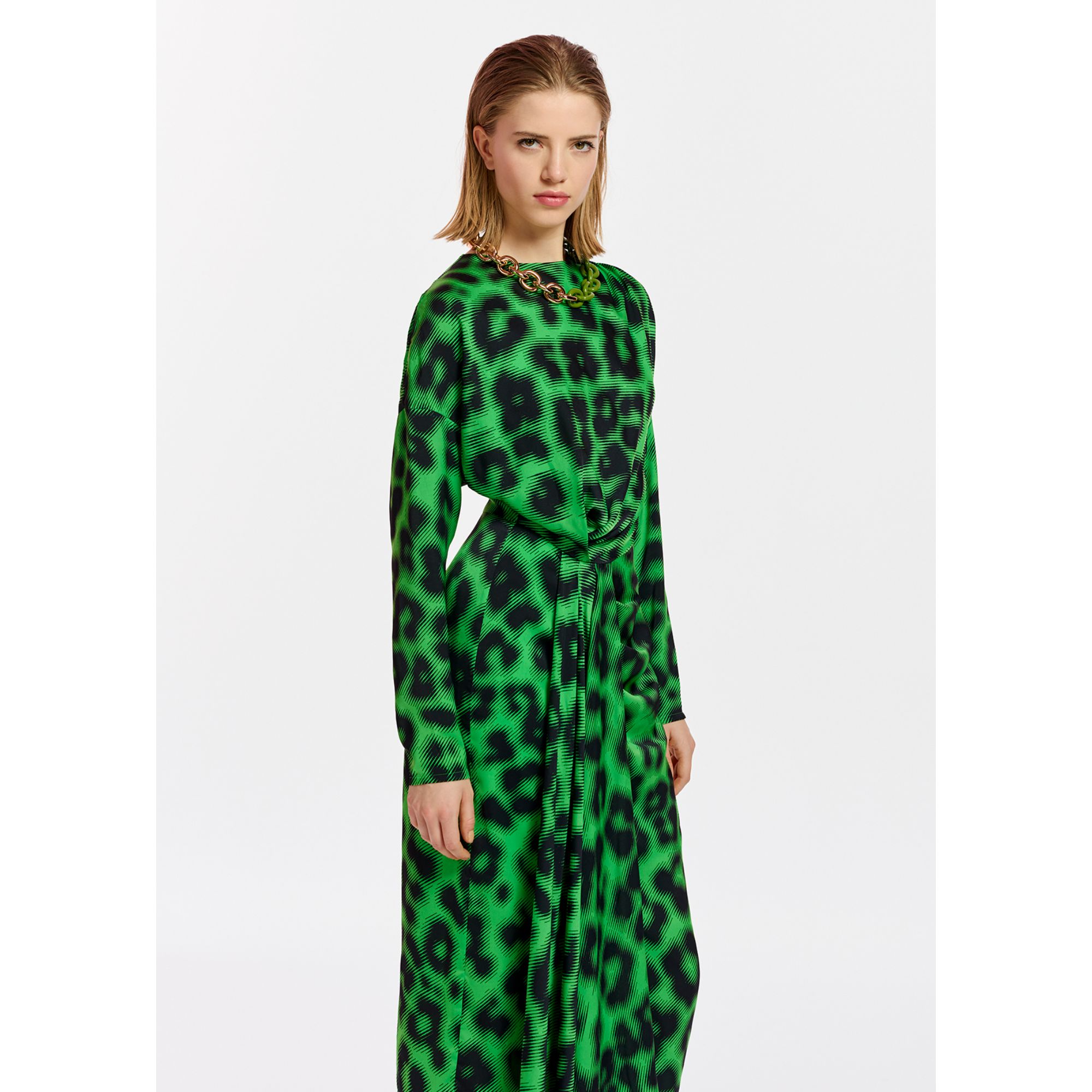 Essentiel Antwerp Essentiel Antwerp Elisha Green Leopard Print Draped Midi Dress 