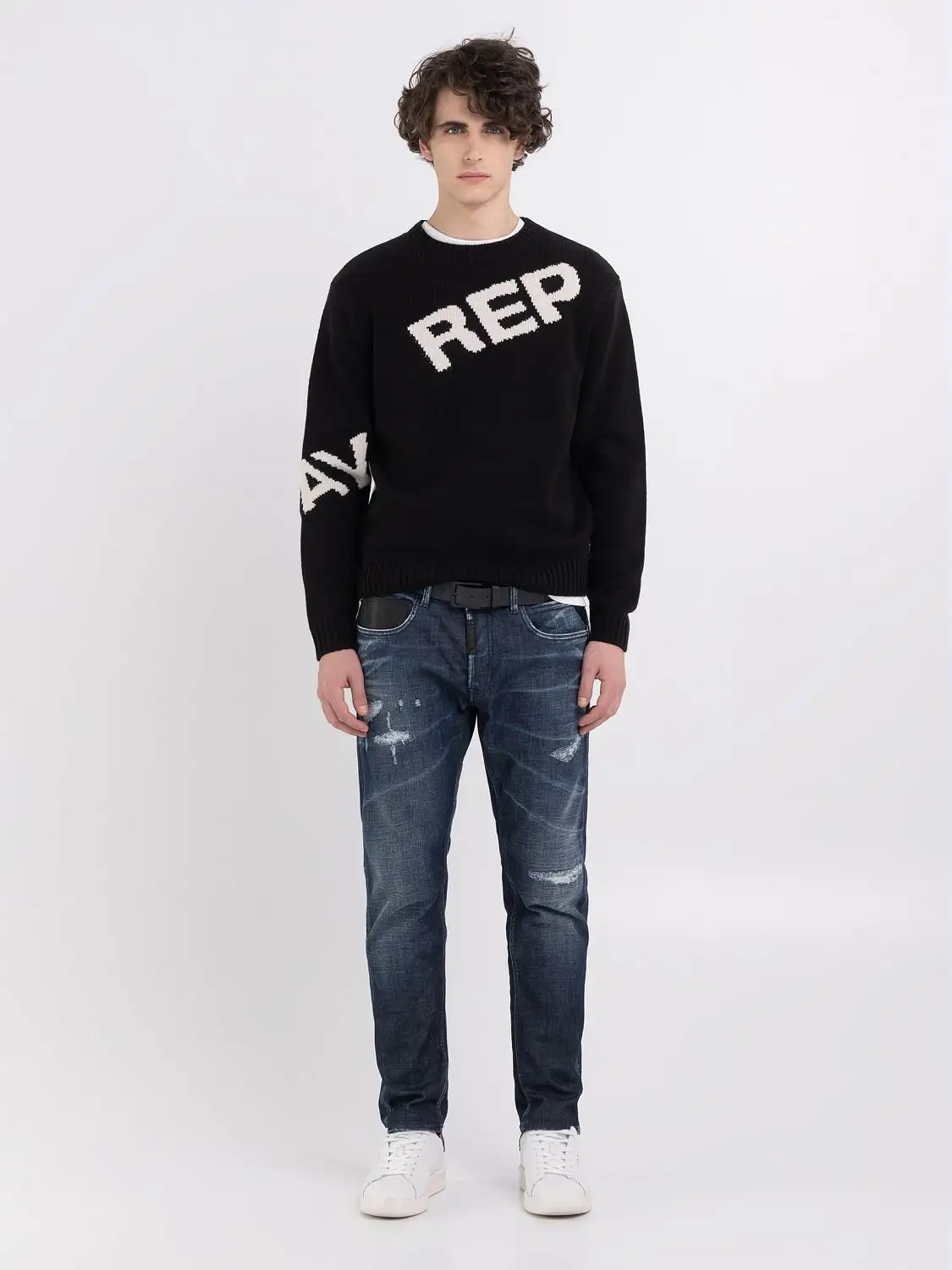 Replay Wool Blend Sweater with Jacquard Logo 
