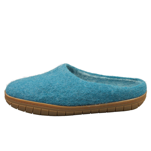 egos Hand-Made Sea Blue Felted Wool Slippers with Rubber Soles