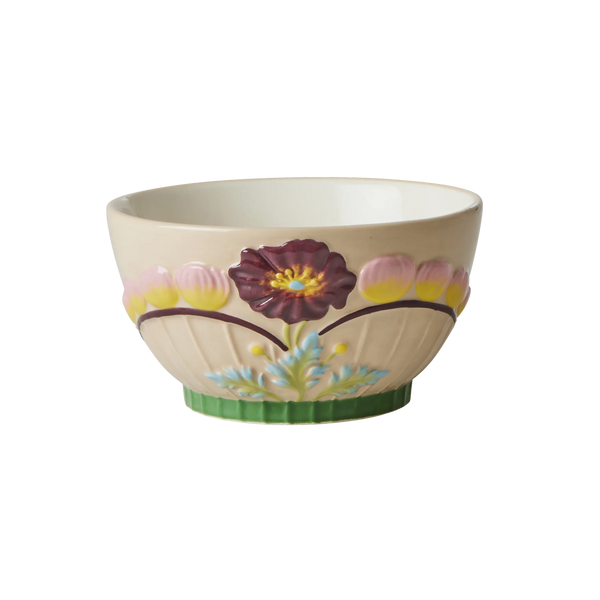 rice Ceramic Bowl With Embossed Flower Design - Soft Sand - Small - 250 Ml