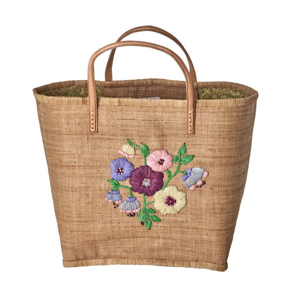 rice Raffia Bag With Heavy Flower Embroidery In Tea - Leather Handles - Large
