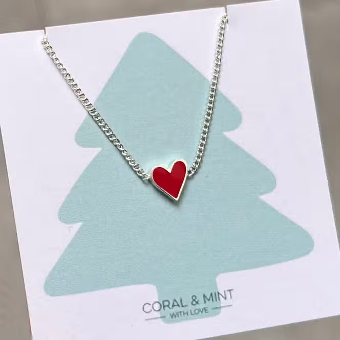 Coral & Mint Red Enamel Heart Necklace 