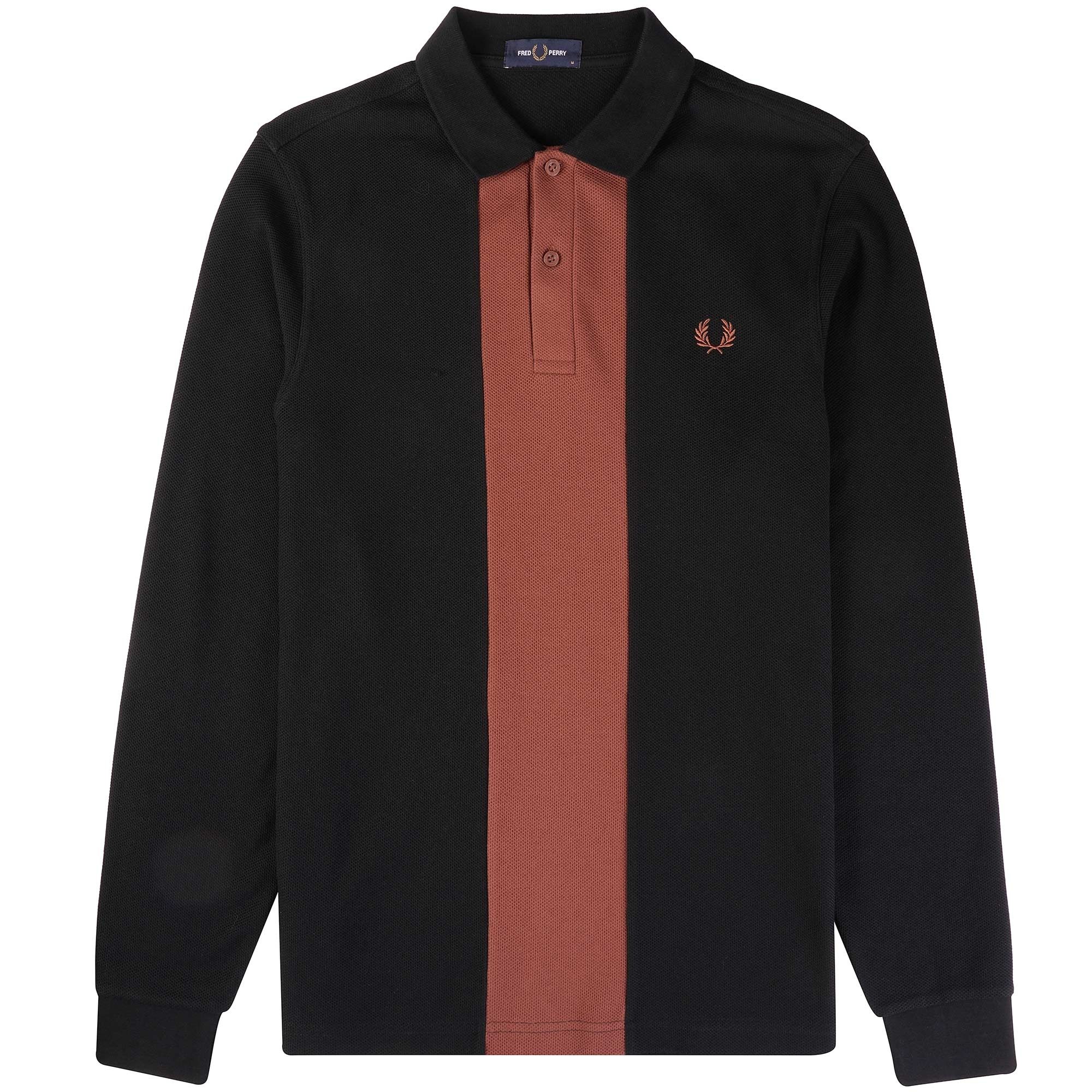 Fred Perry Fred Perry Long Sleeve Panelled Polo Shirt Black/Burnt Tobacco