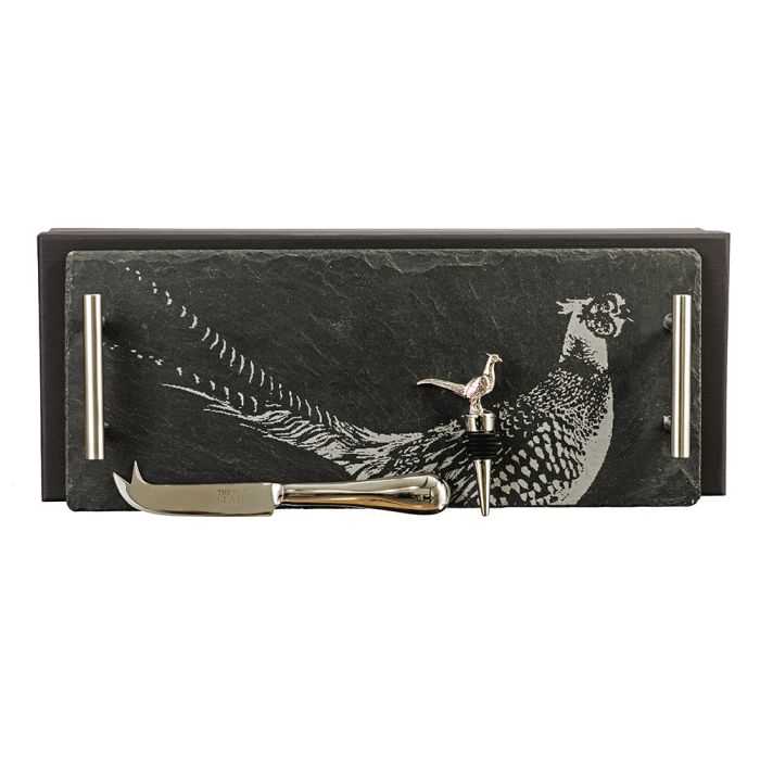 The Just Slate Company Pheasant Engraved Tray Cheese Knife and Bottle Stop Slate Gift Set