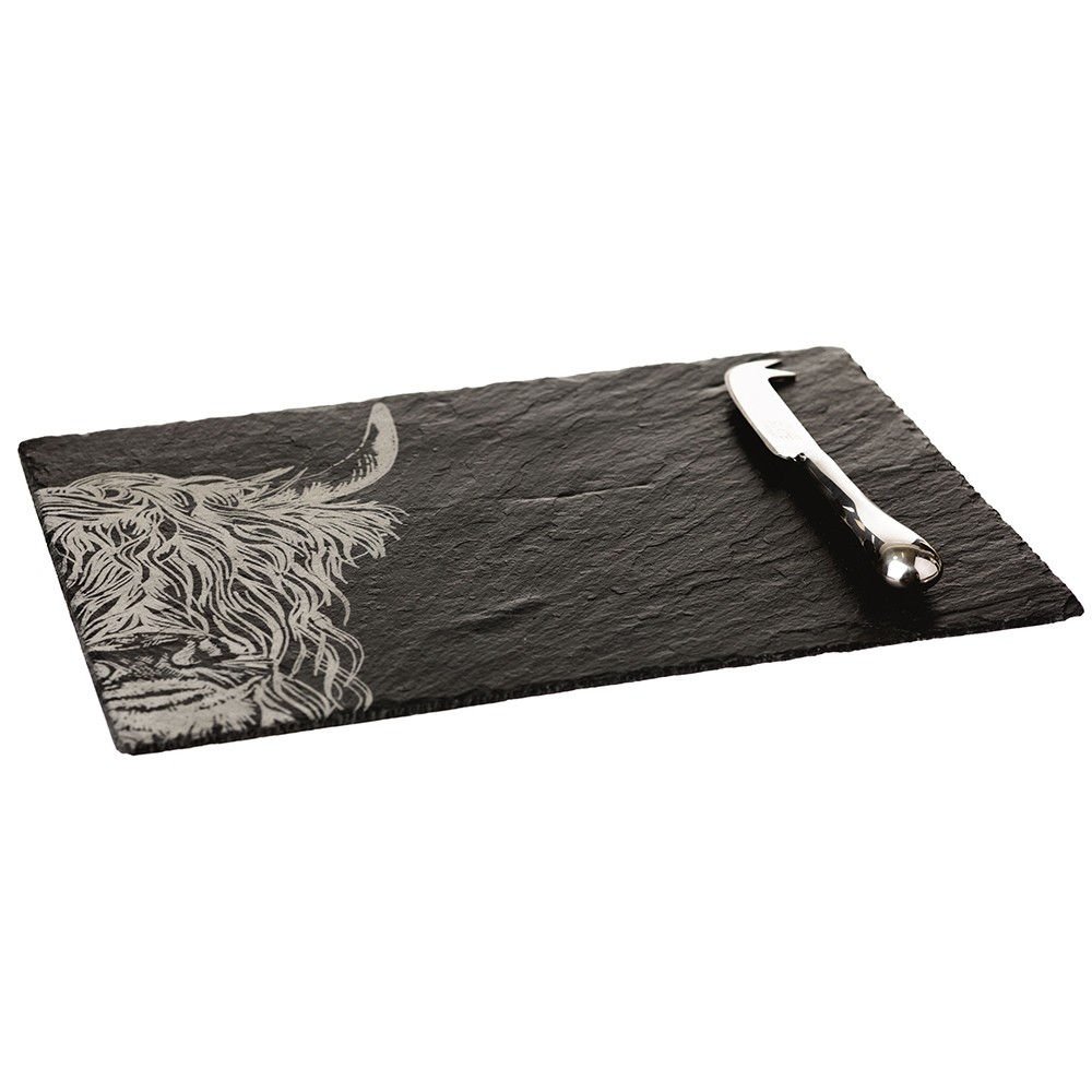 The Just Slate Company Highland Cow Engraved Cheese Board and Knife Gift Set
