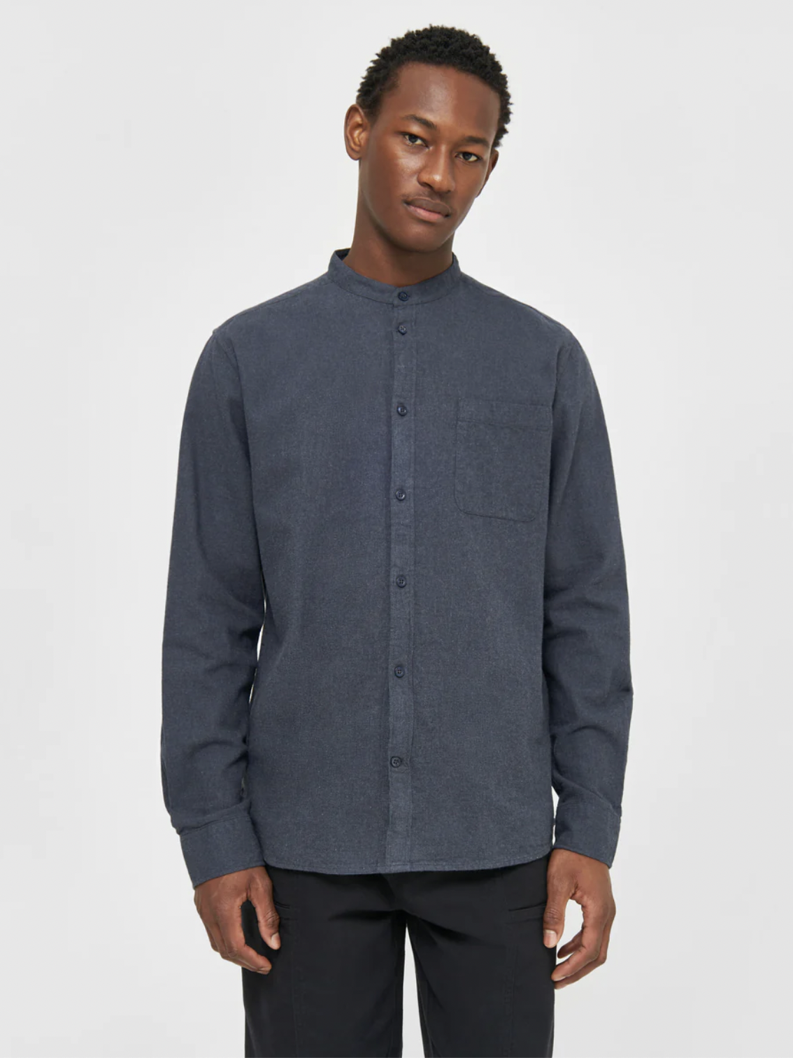 Knowledge Cotton Apparel  1090056 Regular Fit Melangé Flannel Stand Collar Shirt Total Eclipse 