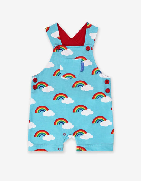 Toby Tiger Organic Dungaree Shorts with Turquoise Rainbow Print