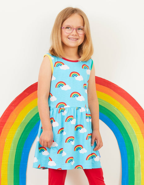 Toby Tiger Organic Summer Dress with Turquoise Rainbow Print