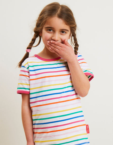 Toby Tiger Organic Rainbow Striped T Shirt with Pink Trim