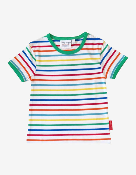 Toby Tiger Organic Rainbow Striped T Shirt with Green Trim