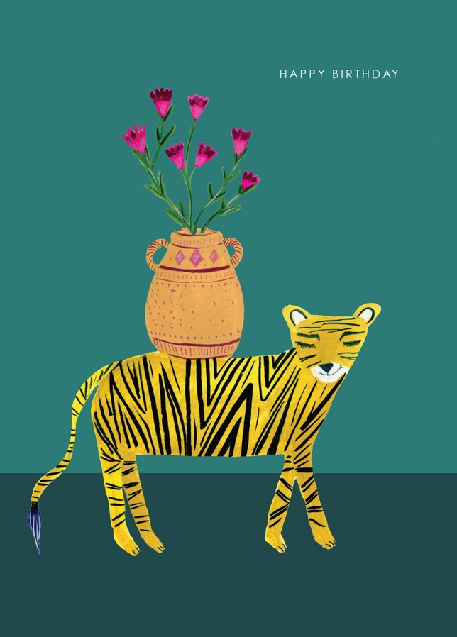 Hutch Cassidy Tiger with Flowers in a Vase Birthday Card