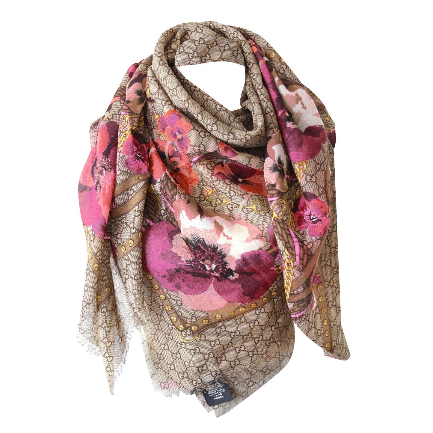 Gucci Guccissima Scarf Made of Soft Wool and Silk - Pink Flowers Print