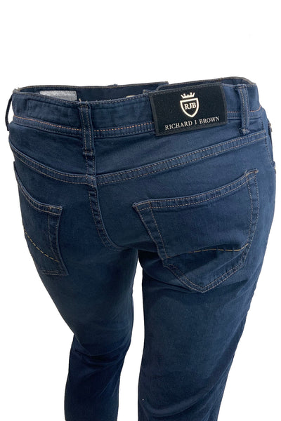 RICHARD J BROWN Dark Blue Cotton and Linen Slim Fit Stretch Jeans